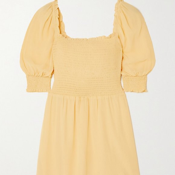 Reformation Elle Ruffled Shirred Crepe Mini Dress In Yellow - Picture 1 of 5